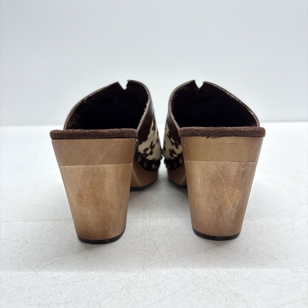 VTG Paris Blues Size 6.5 Brown White Cow Daisy Print Freda Wooden Platform Clogs - Picture 10 of 11